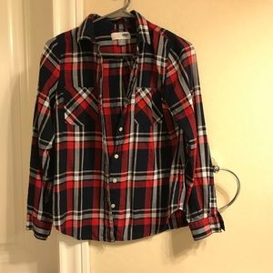 Flannel like button down navy plaid shirt